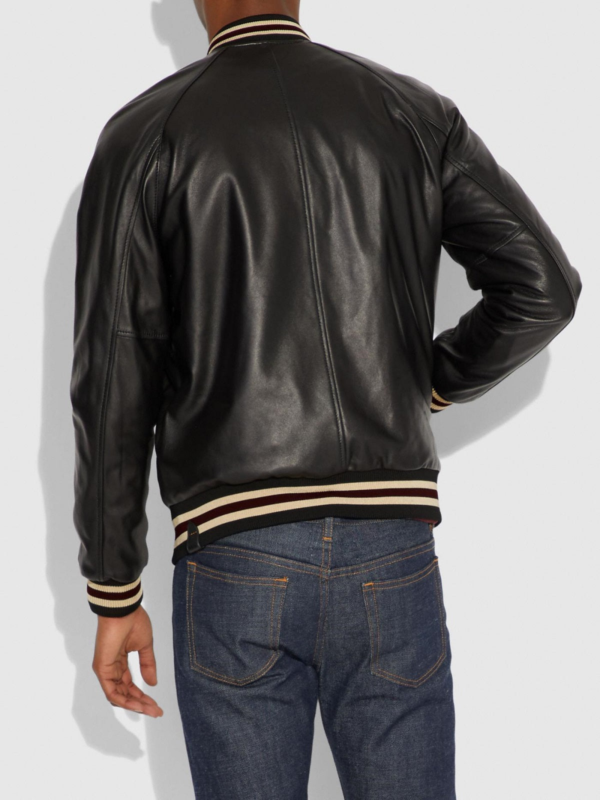 Men College Black Bomber Leather Varsity Jacket- Frozva