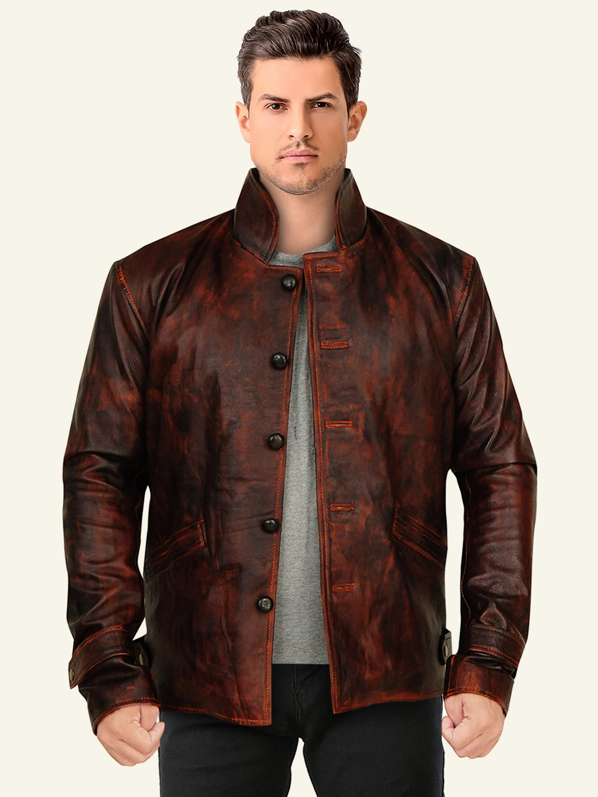 Men Dark Brown Distressed Leather Jacket