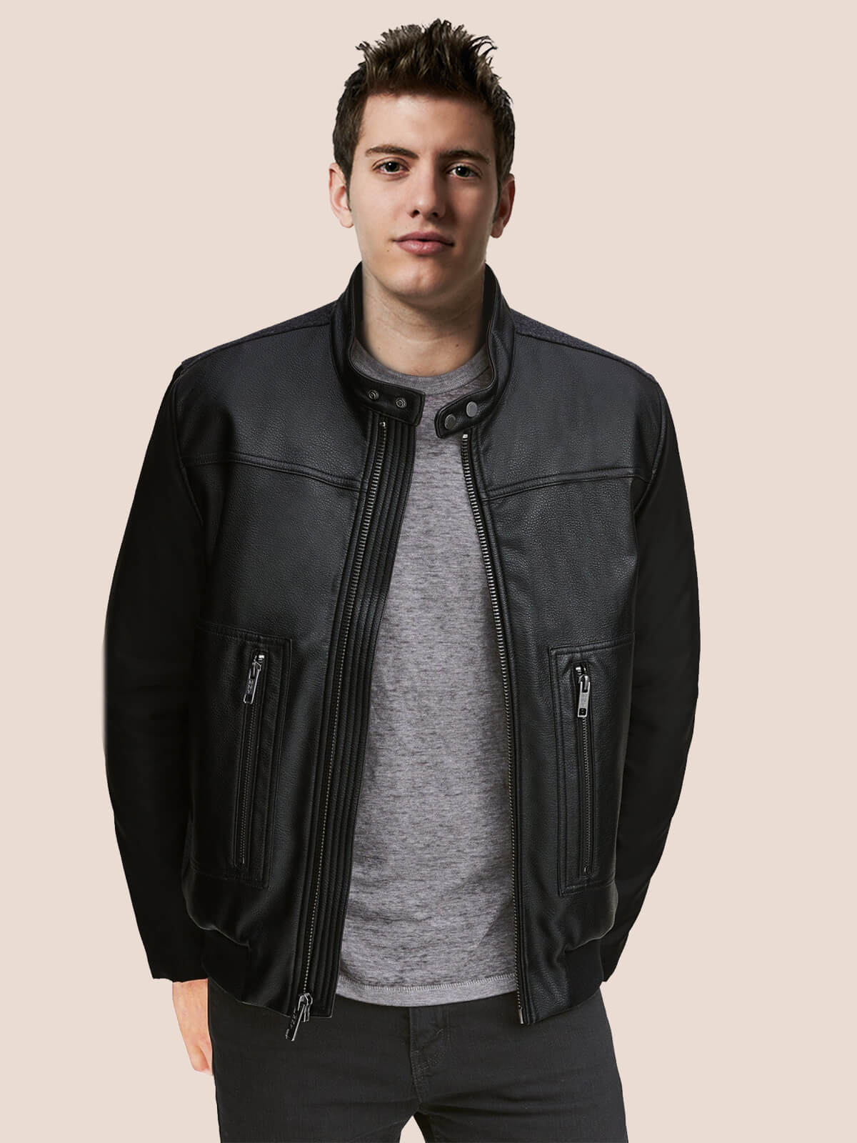 Men Elegant Style Biker Wool+Leather Jacket