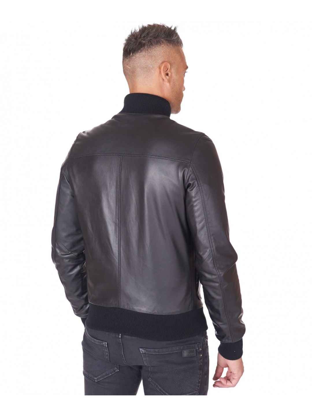 Mens Genuine Black Leather Bomber Jacket