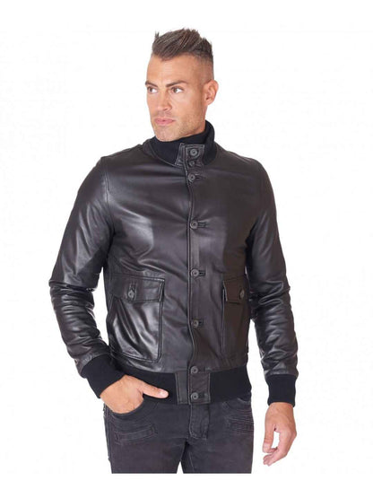 Mens Genuine Black Leather Bomber Jacket