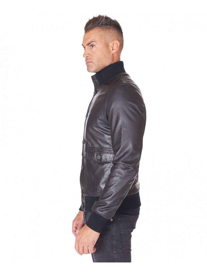 Mens Genuine Black Leather Bomber Jacket