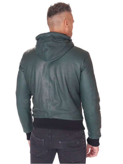 Men Green Lambskin Leather Biker Hooded Collar Jacket