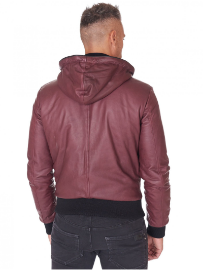 Men Maroon And Black Lambskin Leather Biker Hooded Collar Jacket