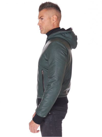 Men Green Lambskin Leather Biker Hooded Collar Jacket