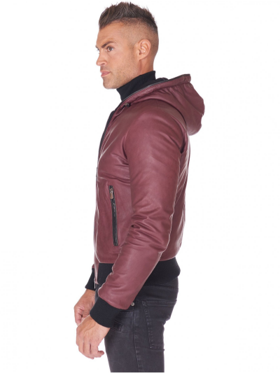 Men Maroon And Black Lambskin Leather Biker Hooded Collar Jacket