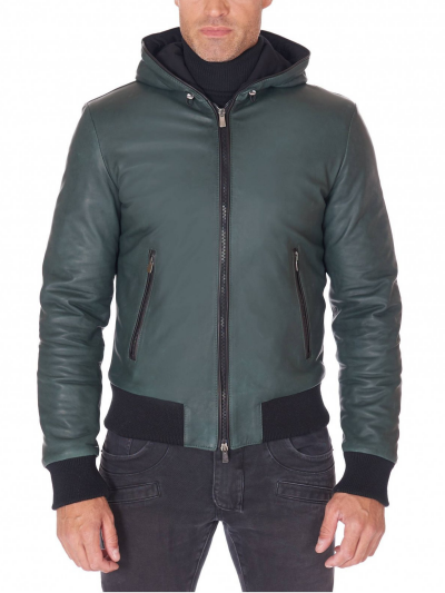 Men Green Lambskin Leather Biker Hooded Collar Jacket