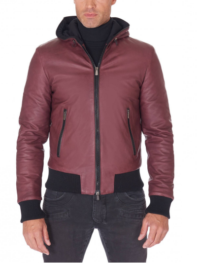 Men Maroon And Black Lambskin Leather Biker Hooded Collar Jacket