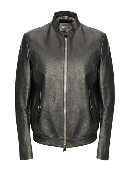 Men Shinny Jet Black Leather Jacket - Frozva