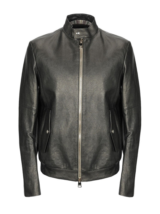 Men Shinny Jet Black Leather Jacket - Frozva