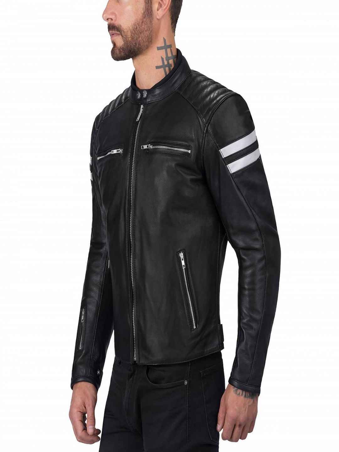 Men White Strips Biker Leather Jacket