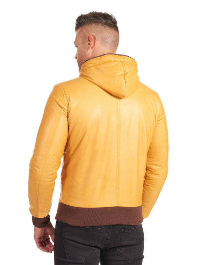 Men Yellow Lambskin Leather Biker Hooded Collar Jacket