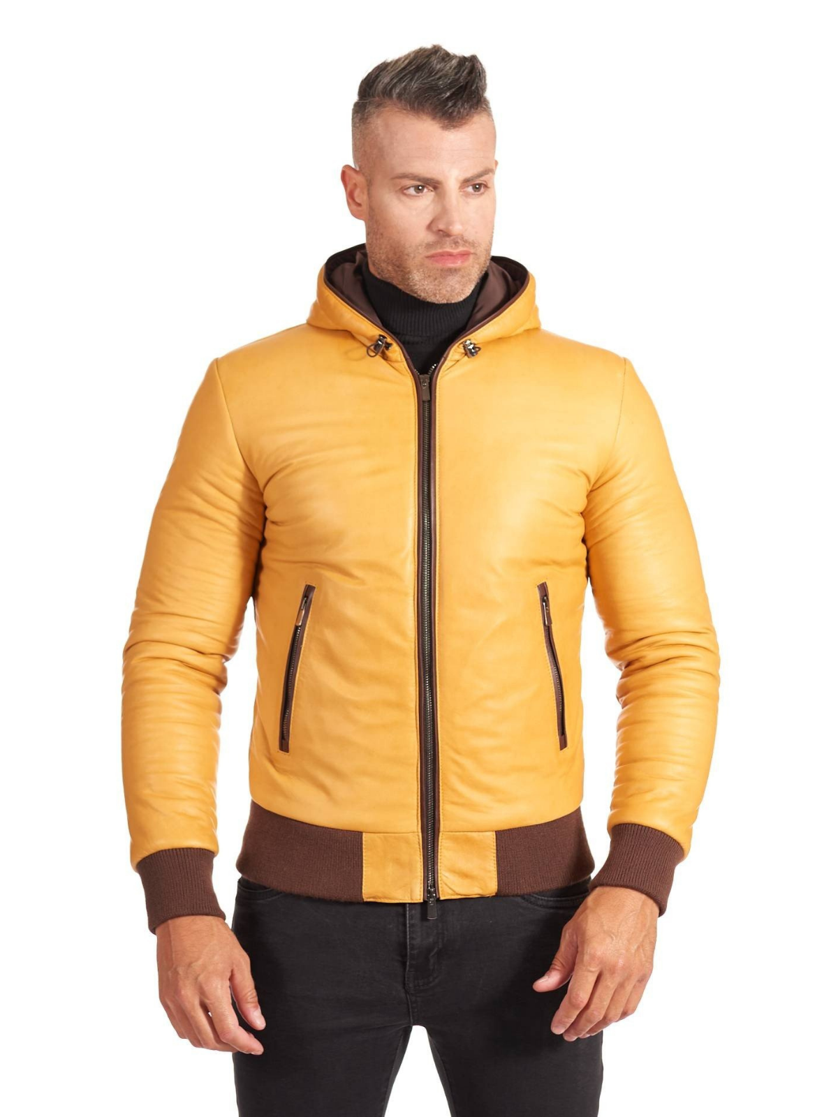 Mens Real Leather Biker Yellow Jacket  - Frozva