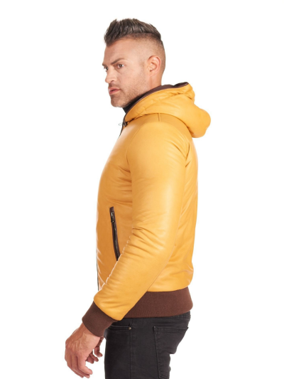 Men Yellow Lambskin Leather Biker Hooded Collar Jacket