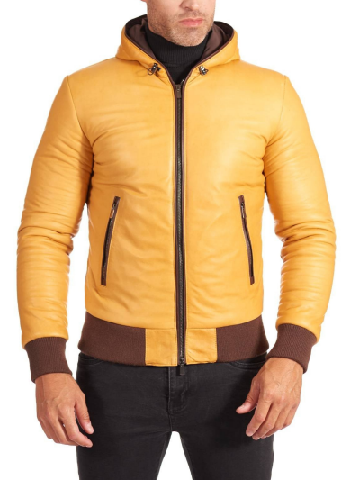 Men Yellow Lambskin Leather Biker Hooded Collar Jacket