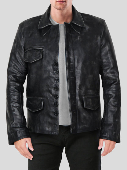 Men's Black Distressed Leather Jacket - Frozva.com