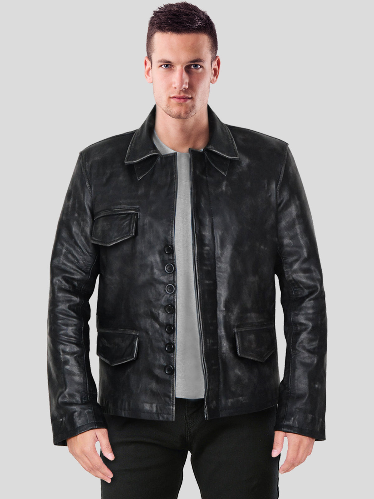 Men's Black Distressed Leather Jacket - Frozva.com