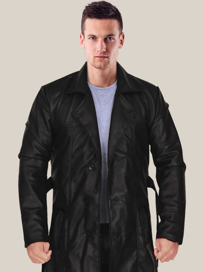 Men's Jazzy Belted Black Leather Trench Coat