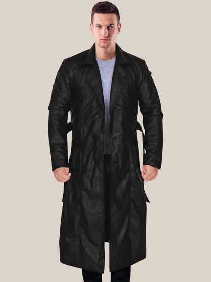 Men's Jazzy Belted Black Leather Trench Coat