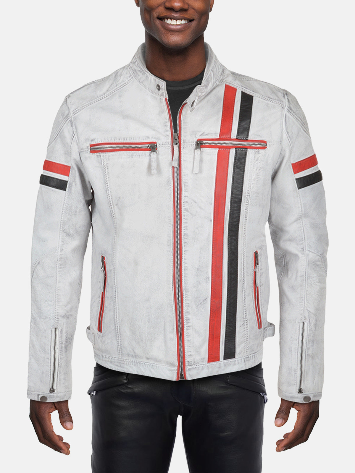 Men's White Leather Biker Jacket