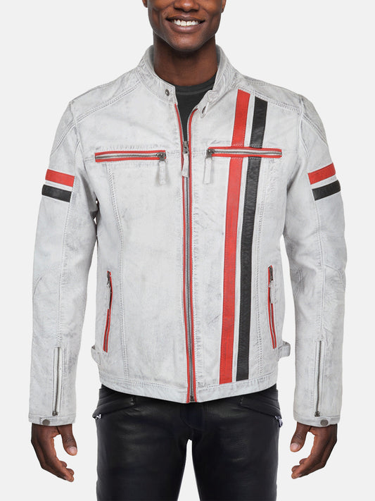 Men's White Leather Biker Jacket