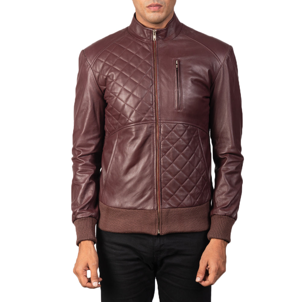 Men's classy maroon bomber sheepskin  leather jacket