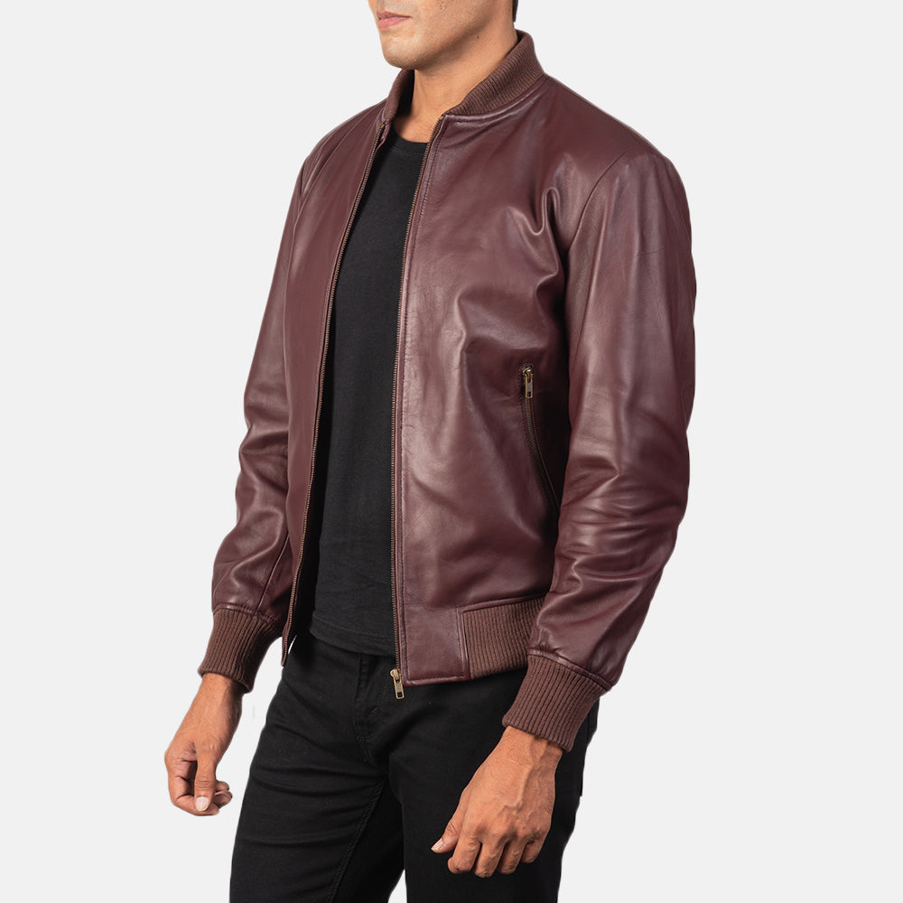 Men's trendy maroon bomber sheepskin leather jacket