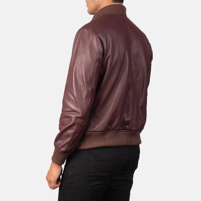 Men's trendy maroon bomber sheepskin leather jacket