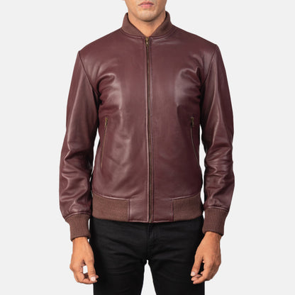 Men's trendy maroon bomber sheepskin leather jacket