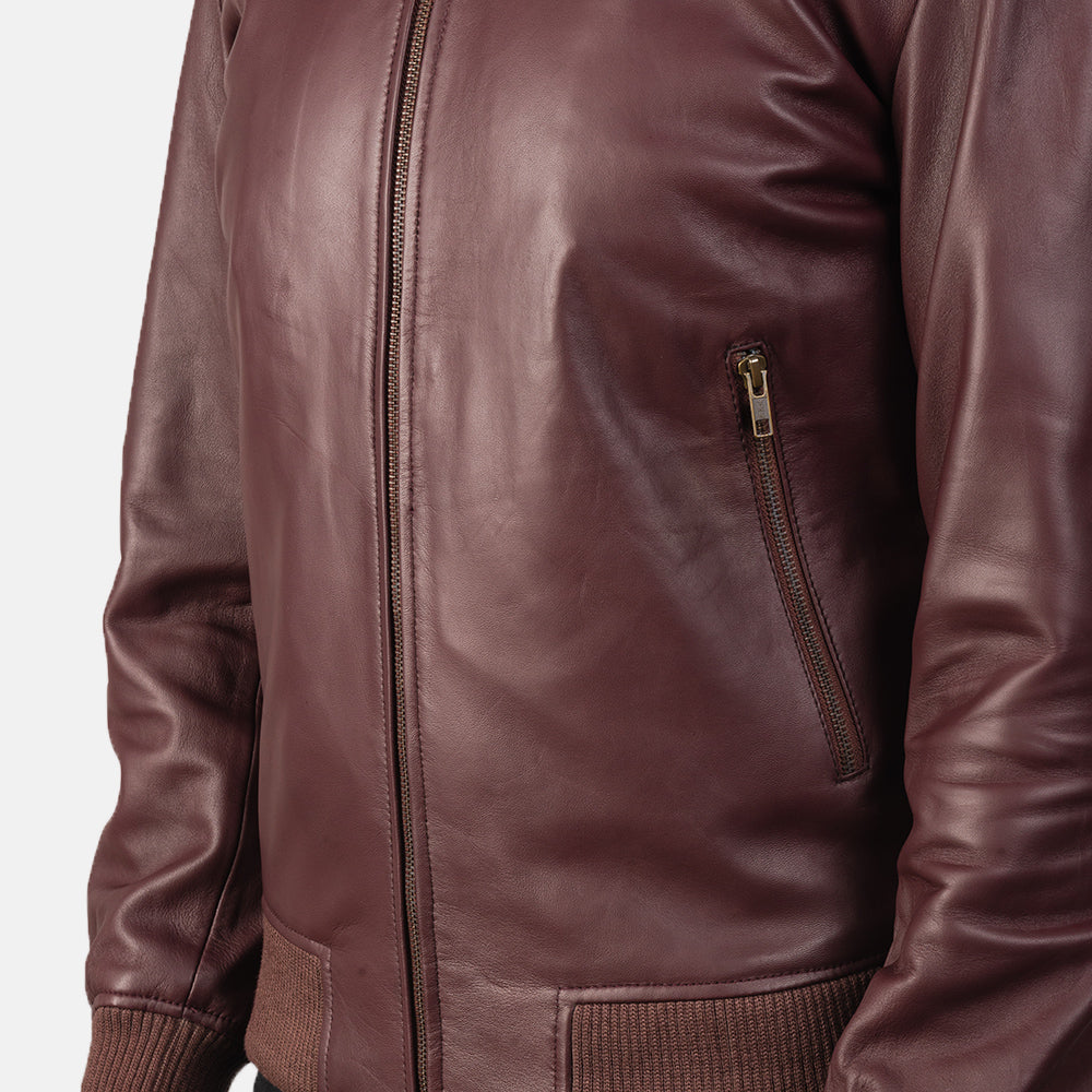 Men's trendy maroon bomber sheepskin leather jacket