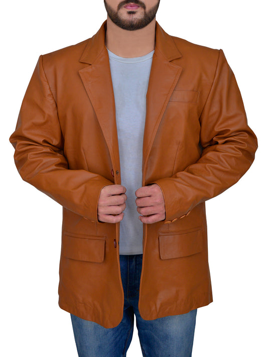 Mens 2 Button Tan Blazer Double Vent Leather Jacket