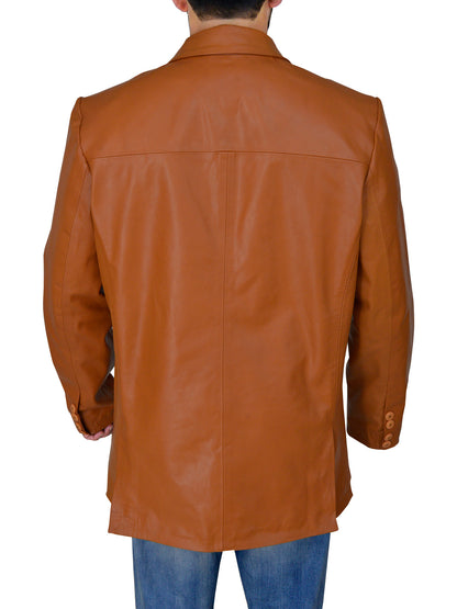 Mens 2 Button Tan Blazer Double Vent Leather Jacket