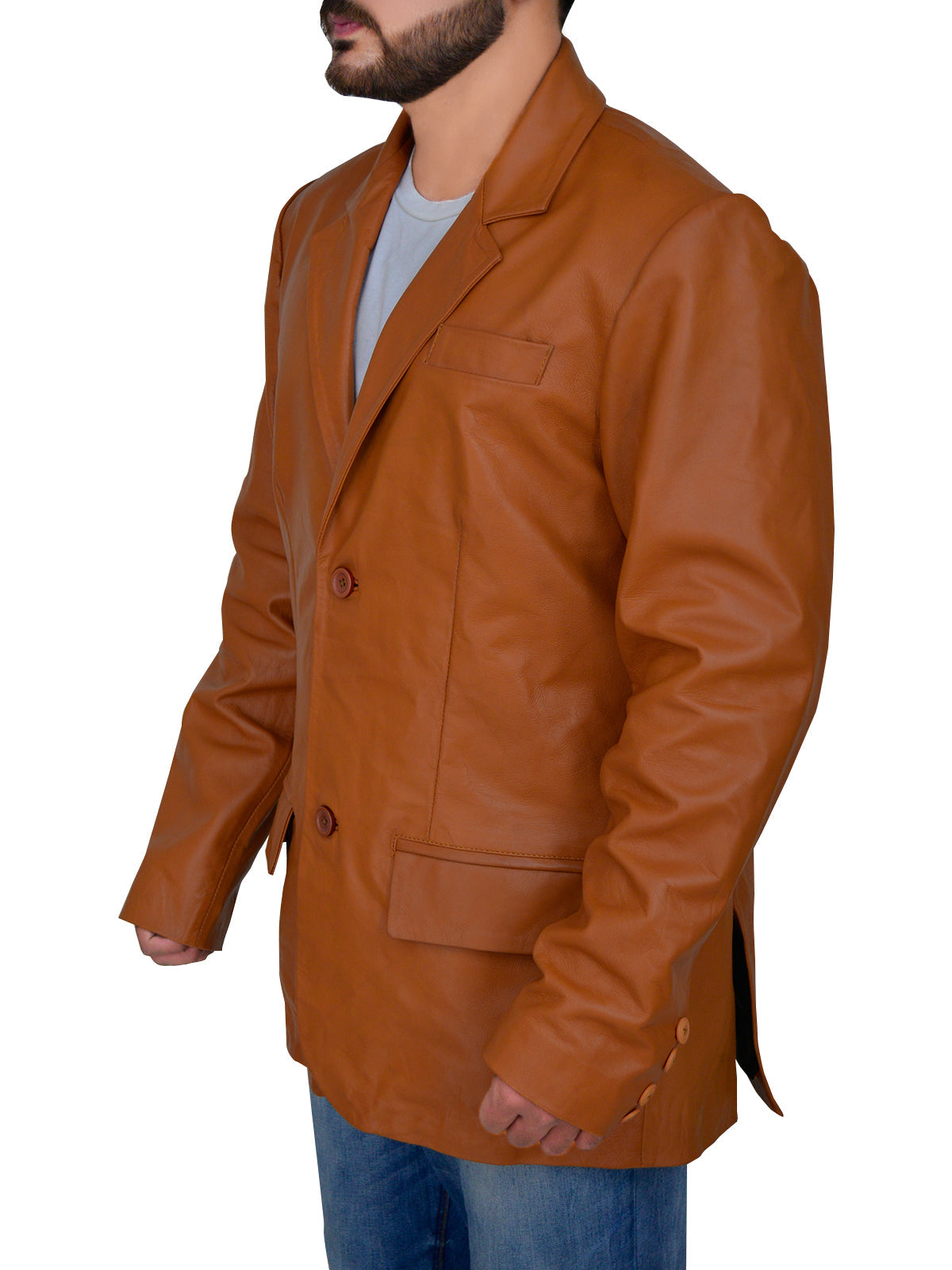 Mens 2 Button Tan Blazer Double Vent Leather Jacket