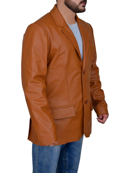 Mens 2 Button Tan Blazer Double Vent Leather Jacket