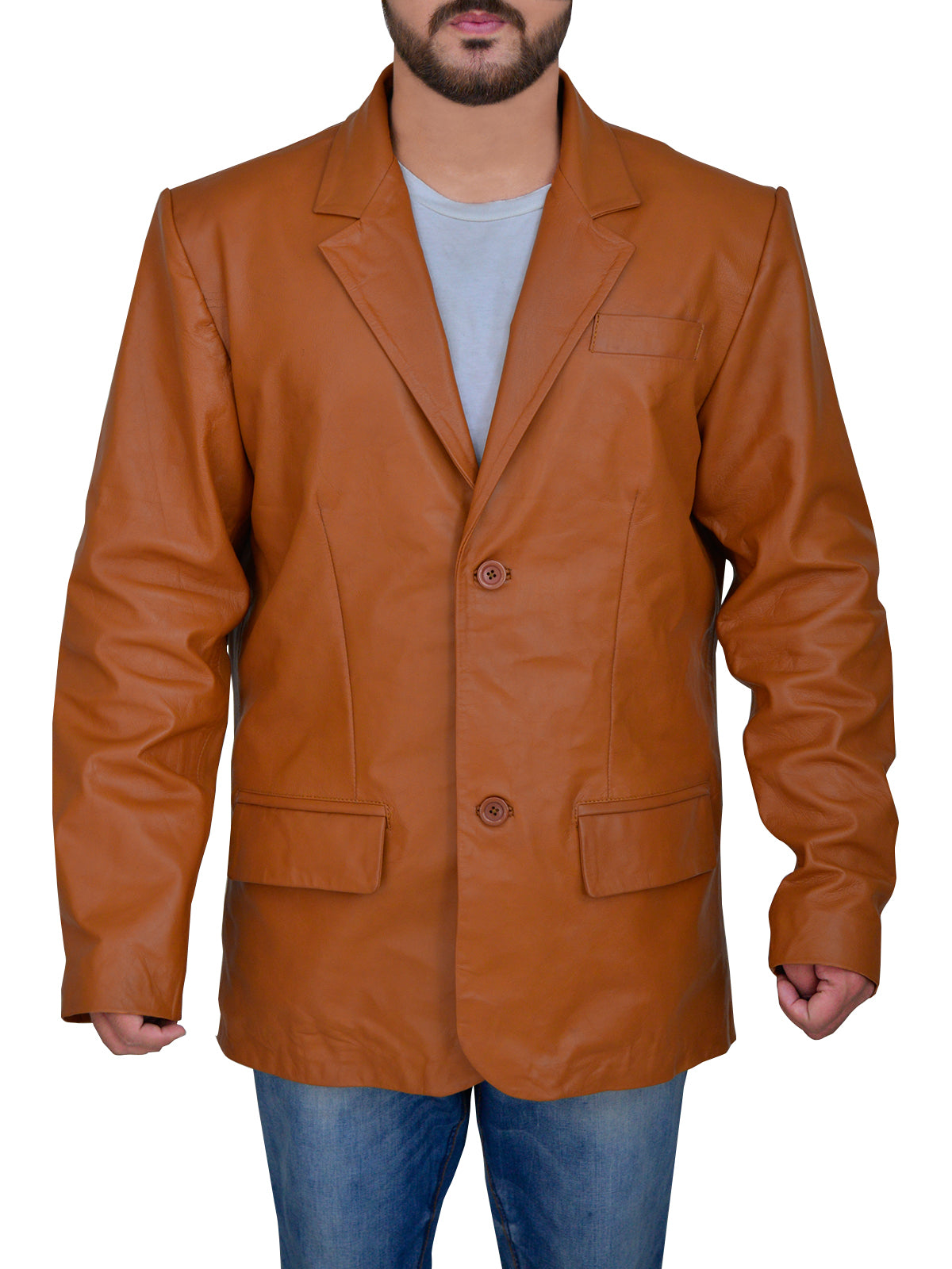 Mens 2 Button Tan Blazer Double Vent Leather Jacket