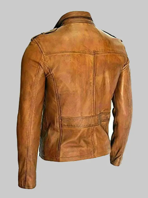 Biker Tan Distressed Motorcycle Leather Mens Jacket