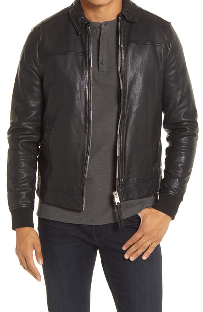 Mens Black Biker Stand Collar Leather Jacket