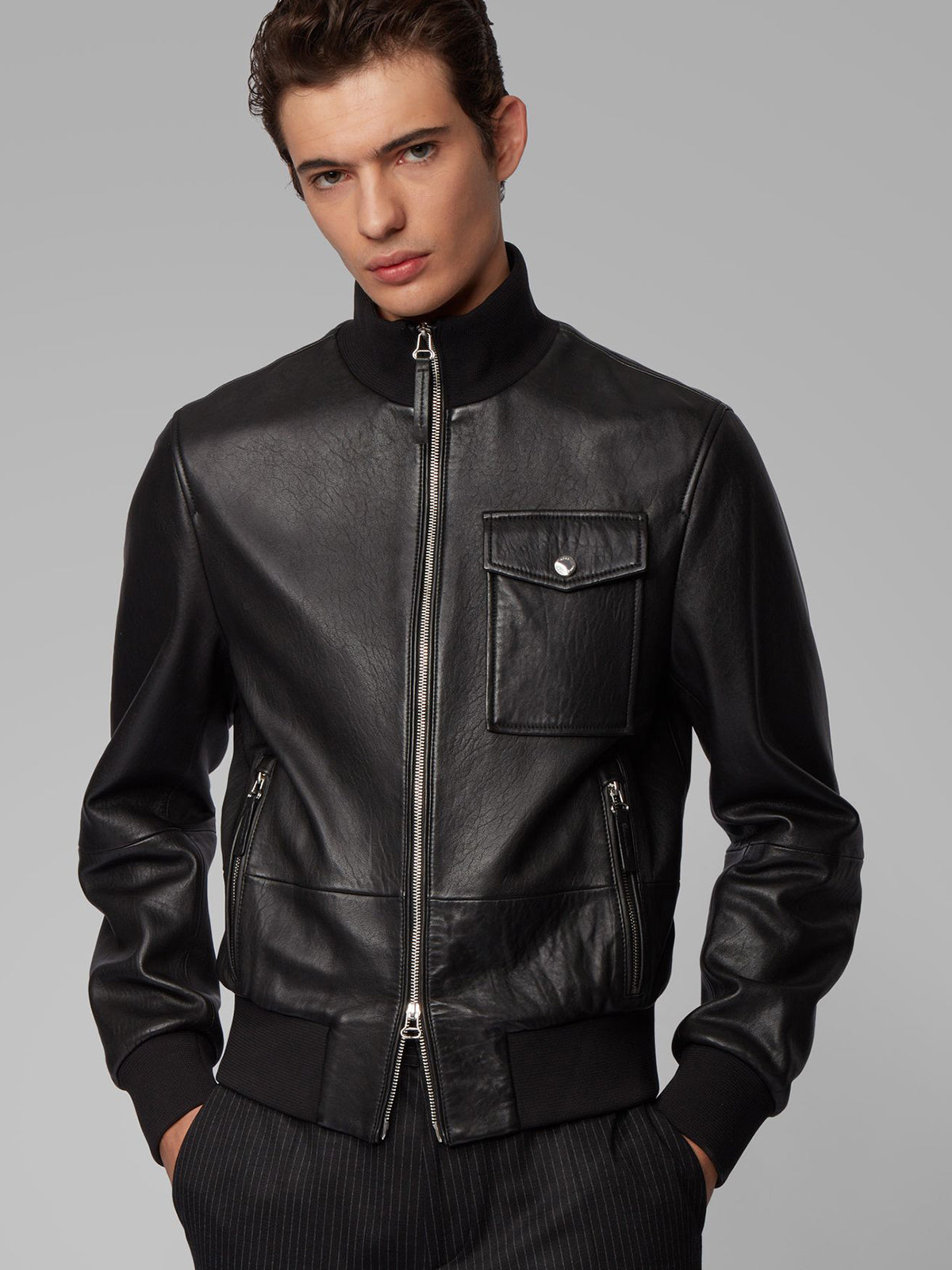 Real Lambskin Black Leather Jacket - Snap Collar Cafe Racer Style