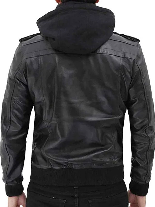 Black Bomber Leather Jacket With Hood