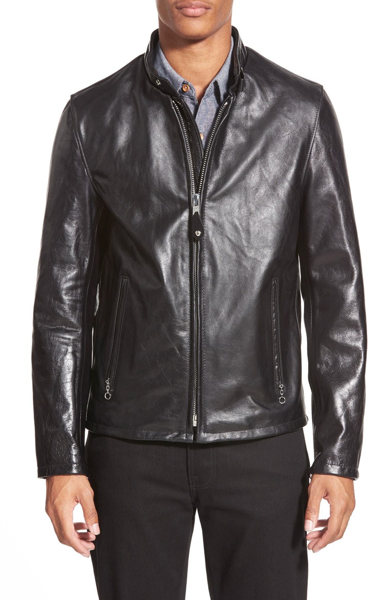 Mens Black Cafe Racer Cowhide Leather Jacket