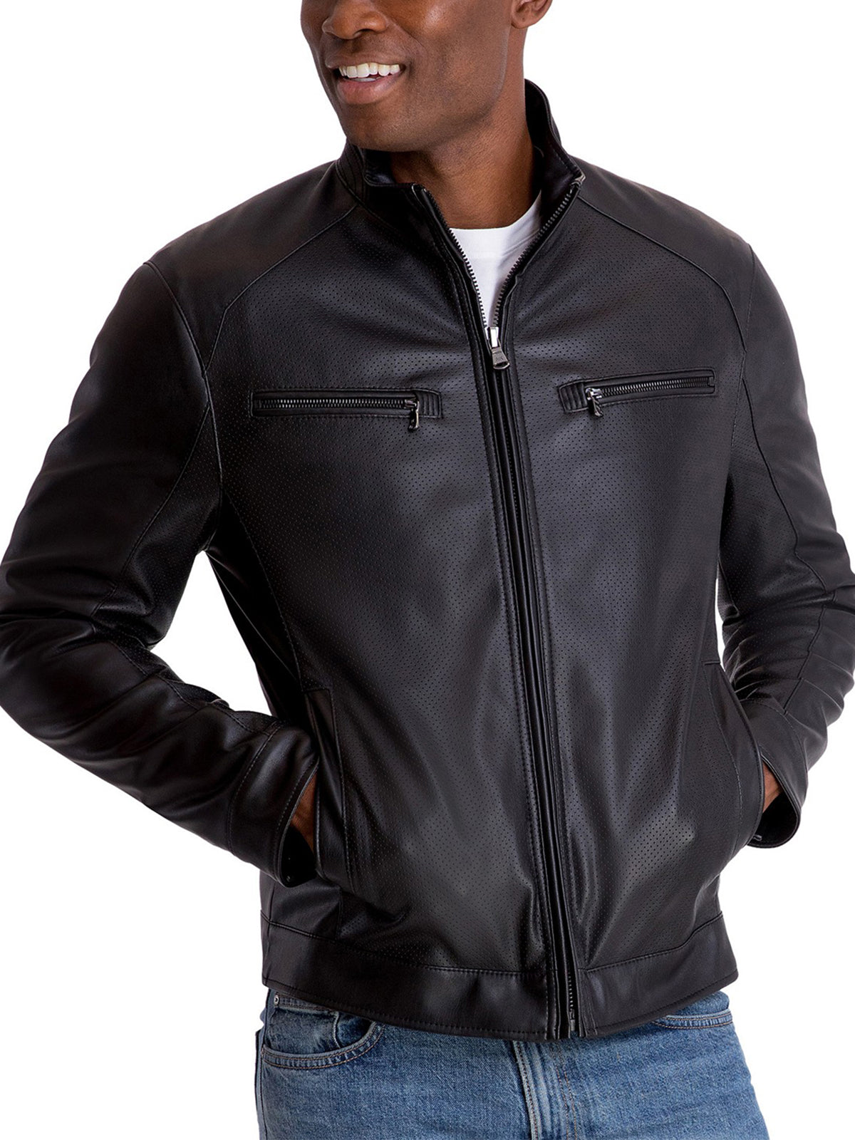 Mens Black Dashing Stand Collar Racer Leather Jacket