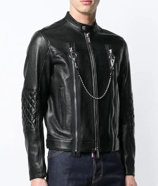 Mens Cafe Racer Black Leather Biker Jacket