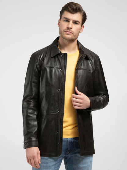 Mens Black Stylish Leather Stand Collar Coat