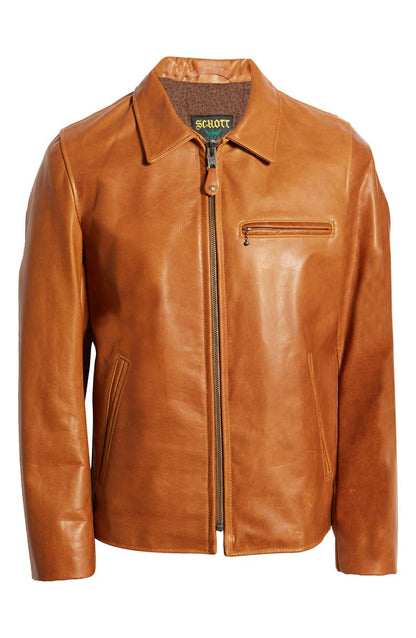 Mens Brown Shiny Biker Stand Collar Jacket