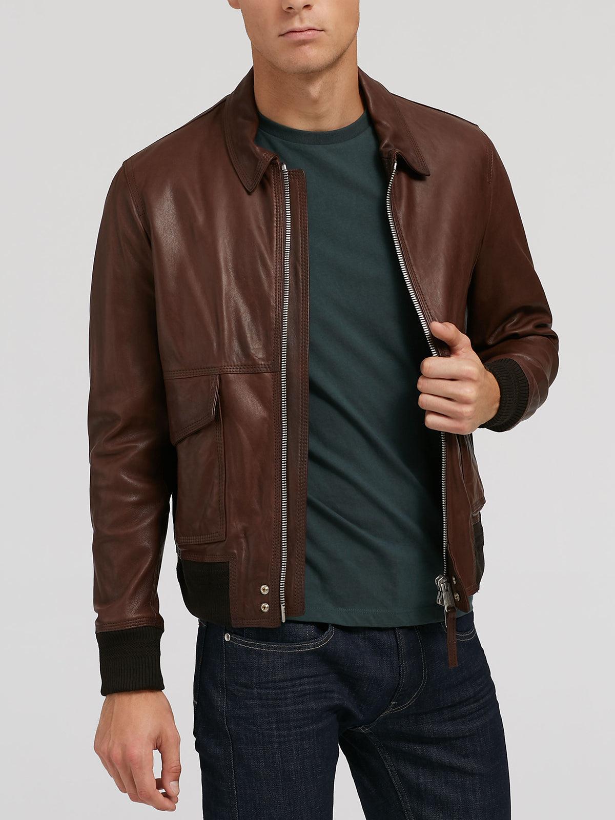 Mens Dark Brown Folding Collar Bike Racer Bomber Jacket