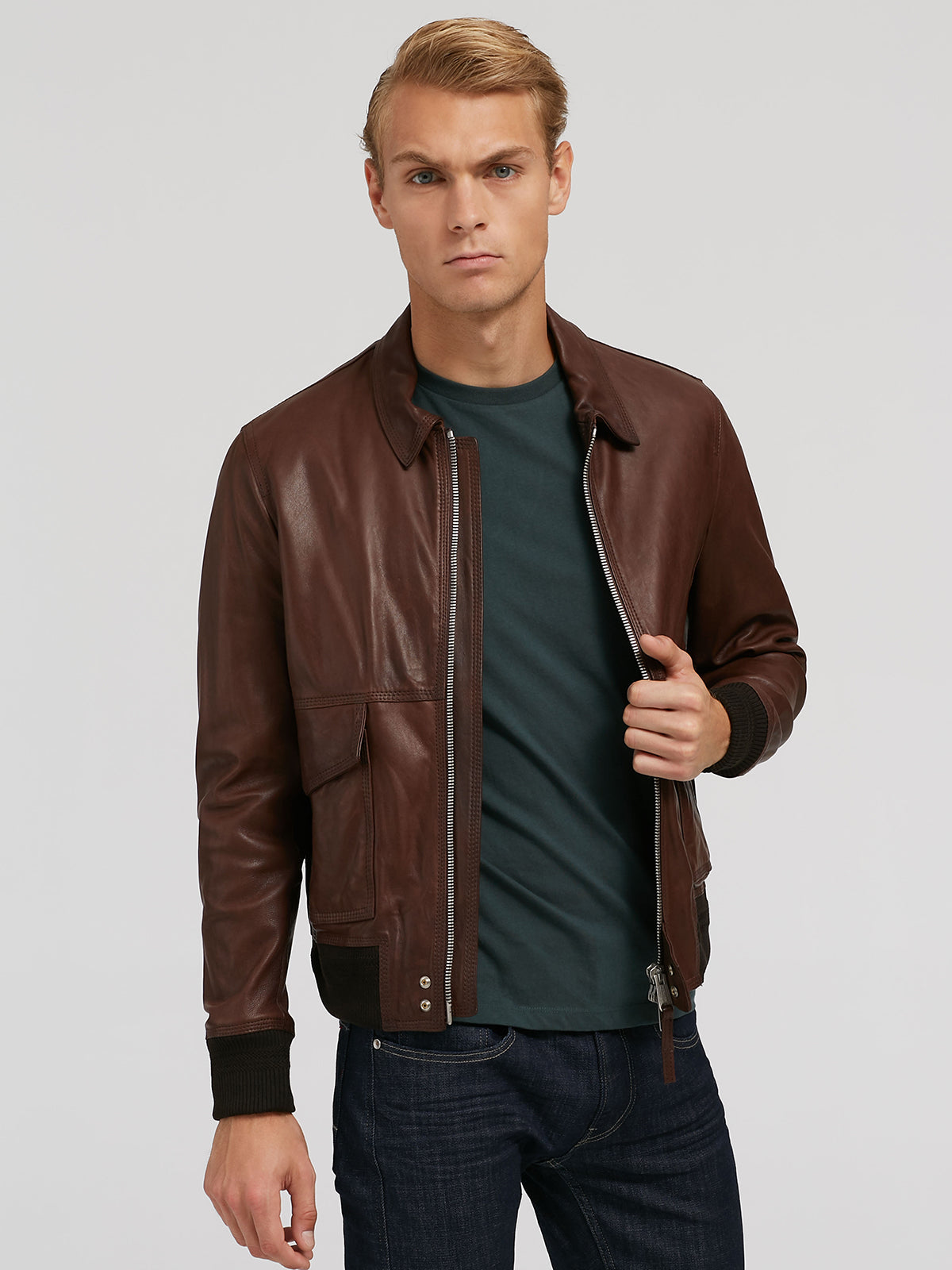 Mens Dark Brown Folding Collar Bike Racer Bomber Jacket