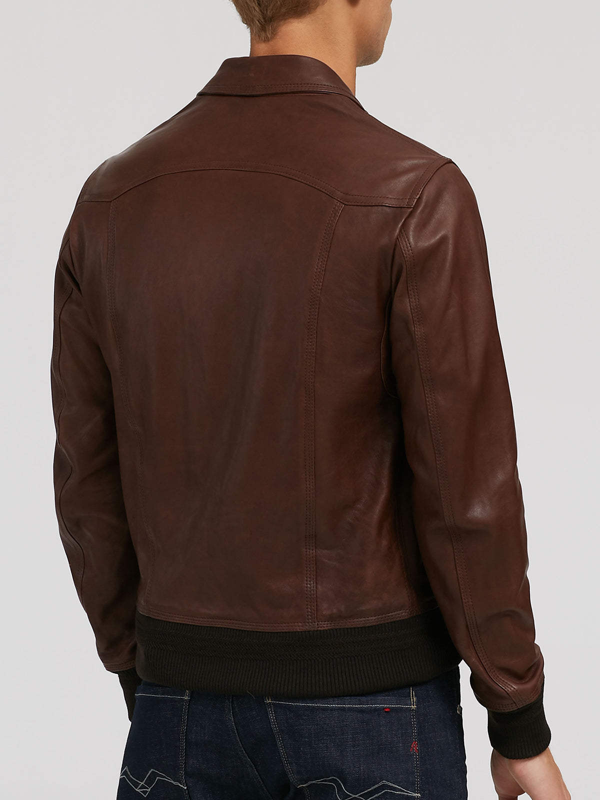 Mens Dark Brown Folding Collar Bike Racer Bomber Jacket