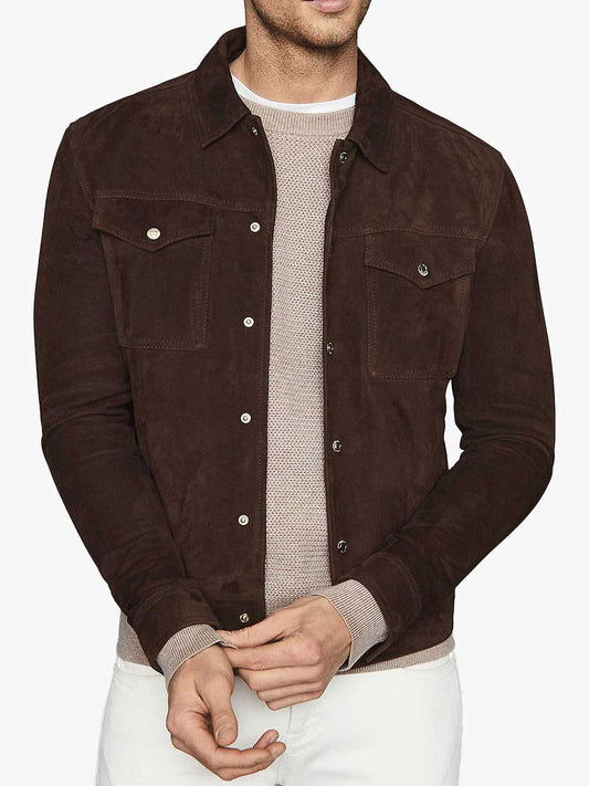 Mens Distressed Shirt Collar Trucker Leather Jacket