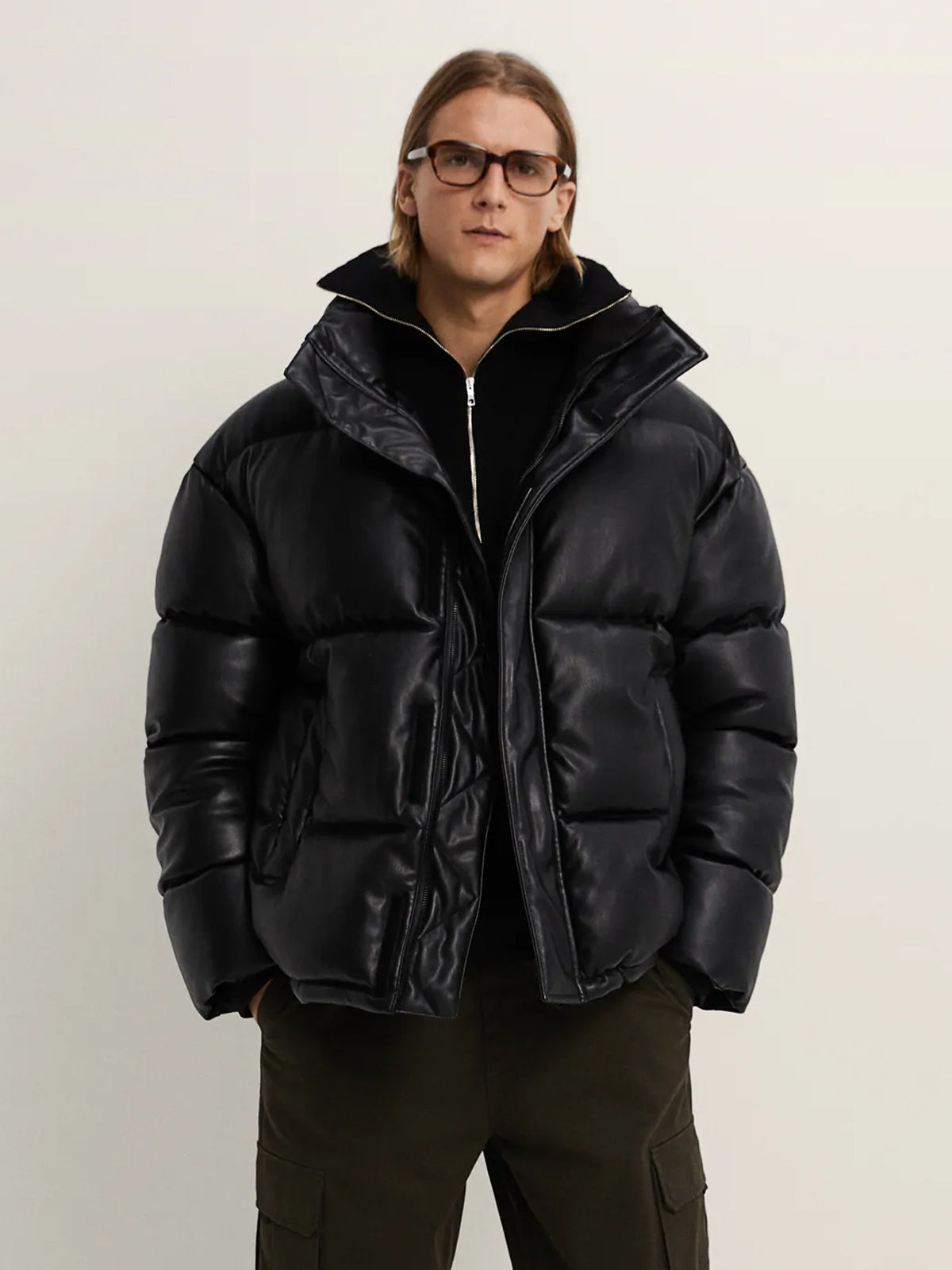 Mens Faux Leather Puffer Jacket