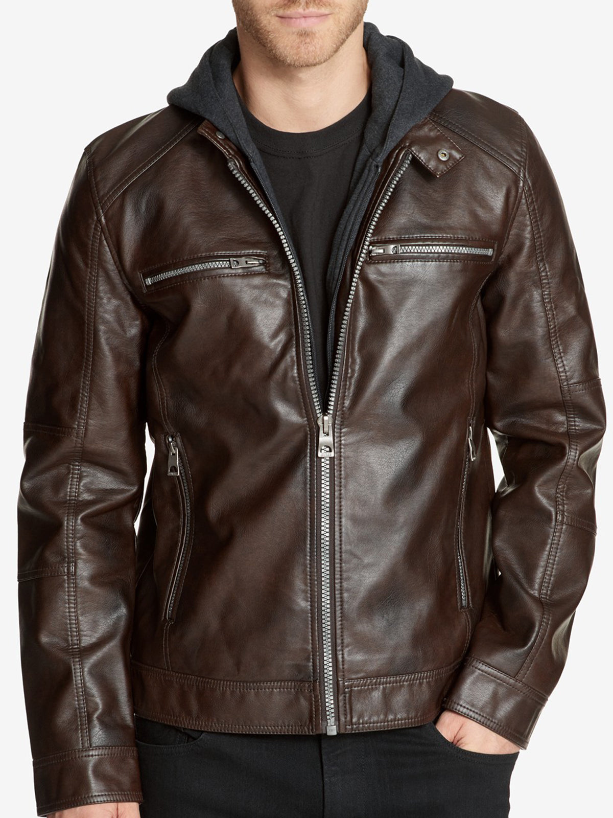 Men's Faux-Leather Detachable-Hood Biker Racer Jacket